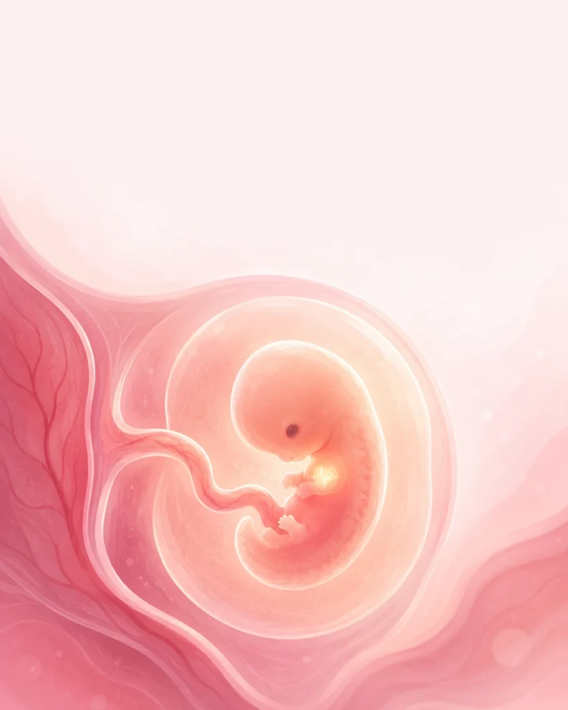 6 Semanas de Gravidez: Sintomas, Tamanho do Bebê e o Que Esperar 1 Ilustração do desenvolvimento do bebê com 6 semanas de gravidez, do tamanho de uma lentilha