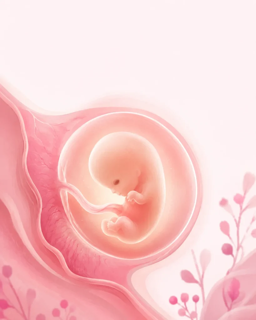7 Semanas de Gravidez: Sintomas, Tamanho do Bebê e o Que Esperar 1 Ilustração do desenvolvimento do bebê com 7 semanas de gravidez, do tamanho de uma framboesa
