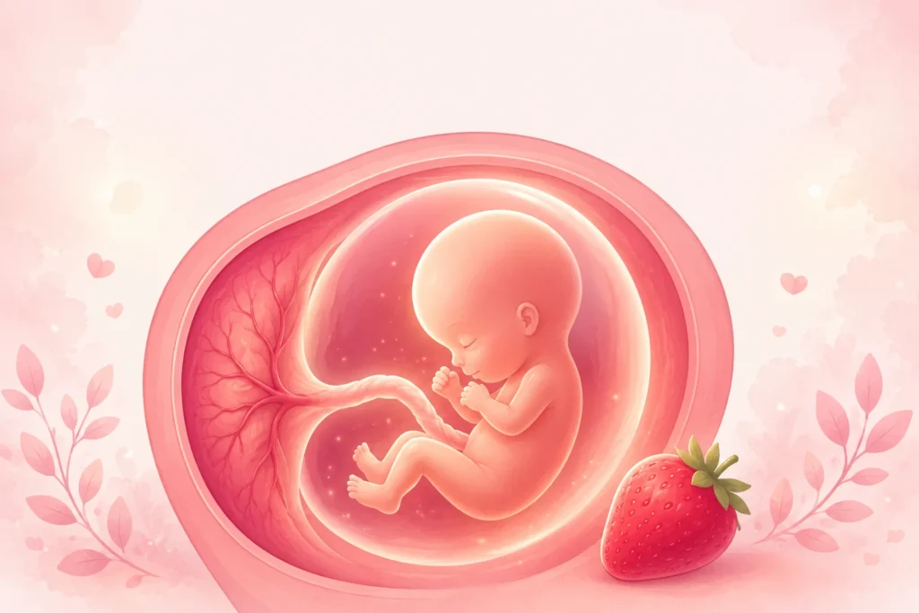 Ilustração do desenvolvimento do bebê com 8 semanas de gravidez, do tamanho de um morango